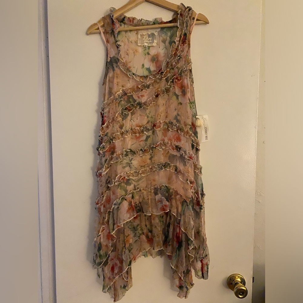 Johnny Was Floral Ruffle Tank - Cream, Pink, Green